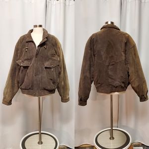 Vintage 90s y2k Brown Nubuck Suede Leather Faded Distressed Bomber Jacket XL